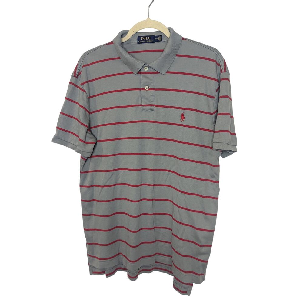 POLO Ralph Lauren Short Sleeve Cotton Striped Gray Red Polo Shirt Men Size Large
